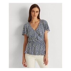 RALPH LAUREN Womens Blue Tie Hook And Eye Front Flutter Sleeve Peplum To…